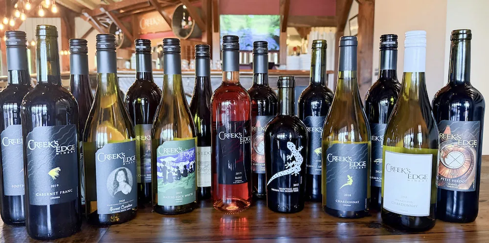 Wine bottles at Creek's Edge Winery.