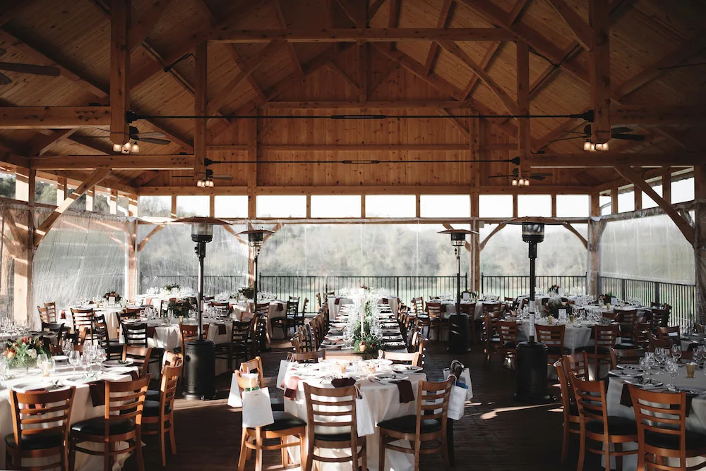A wedding in the outdoor pavilion at Creek's Edge Winery.
