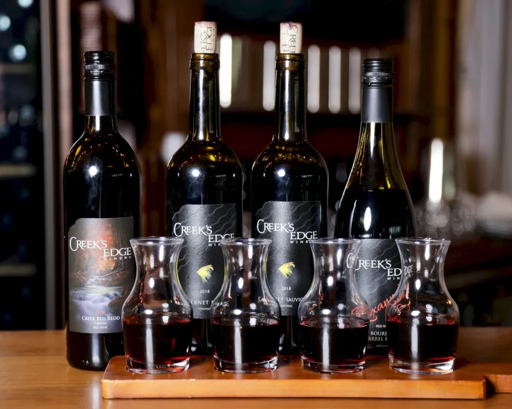 A flight of red wine at Creek’s Edge Winery.